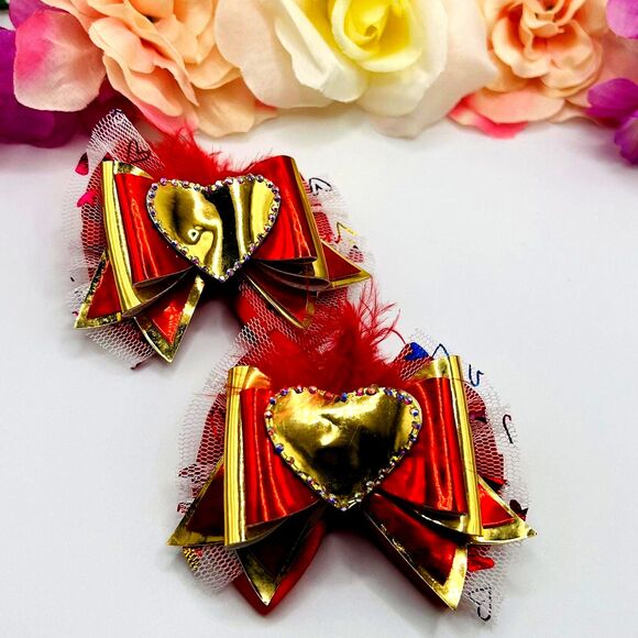 Heart Pigtail Hair Bow Clips Set for Girl Handmade - Picture 3 of 7